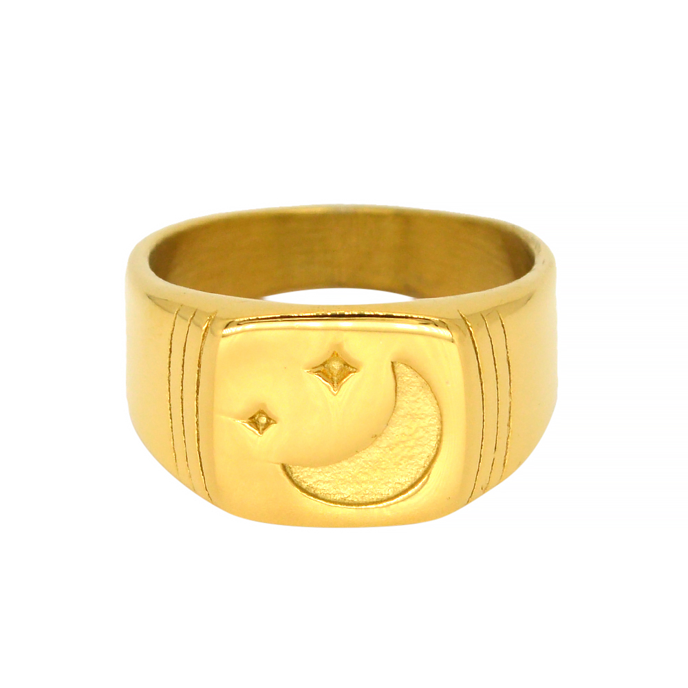 18K Gold Plated Engraved Moon and Star Signet Ring Women