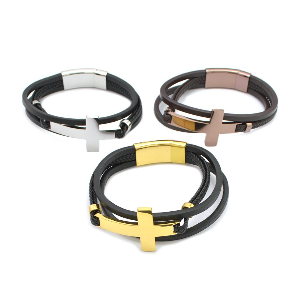Custom Flat Homme Genuine Leather Cross Bracelet for Men