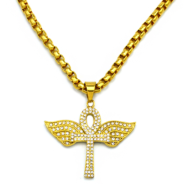Dainty CZ Rhinestone Angel Wing Ankh Cross Necklace