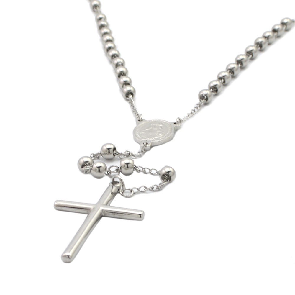 Silver Catholic Rosary Beads Cross Necklace Stainless Steel