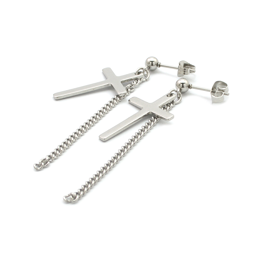 Women Non Tarnish Silver Stainless Steel Dangle Cross Earring
